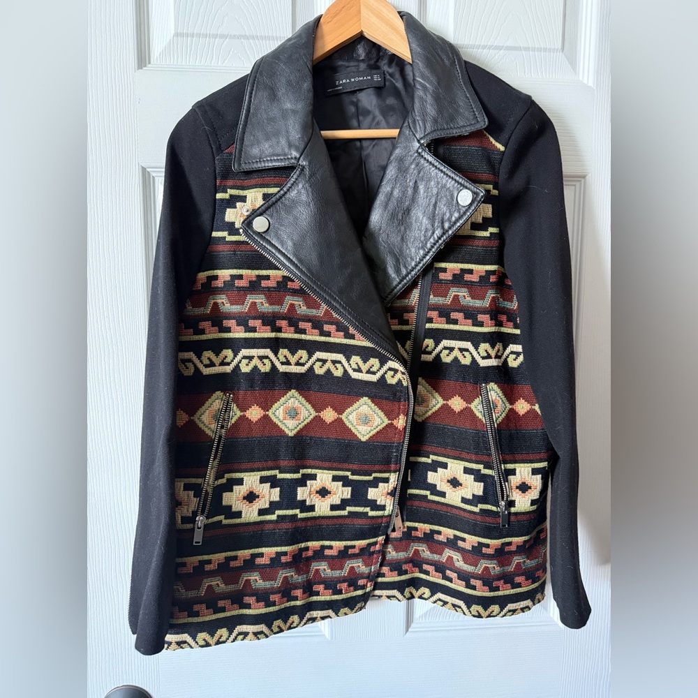 Zara real genuine leather and aztec ethnic pattern jacket size medium